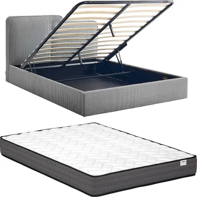 Produktbild von Bett mit Stauraum 160 x 200 cm – Cordvelours – Grau + Matratze – NAYOLA