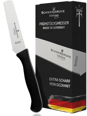 Image de Schwertkrone Solingen : Couteau à pain, couteau pour apéritif, couteau à petit-déjeuner, couteau de table, inoxydable, dentelé, compatible lave-vaisselle. Fabriqué en Allemagne (1 pièce) – Dimensions : 20 cm