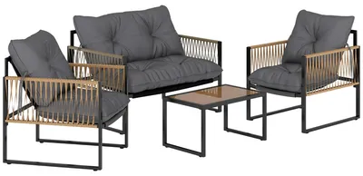 Produktbild von Gartenmöbel-Set, 4-teilig, Sofa, 2 Stühle, Tisch mit Glasplatte, Metallgestell, Polyrattan, Anthrazit