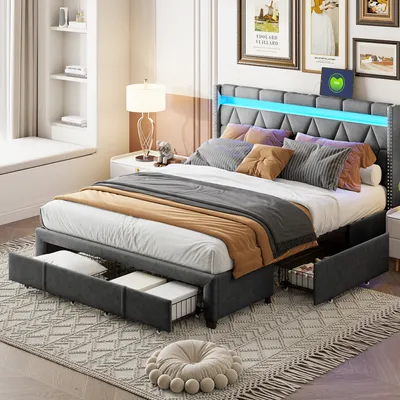 A bedroom scene featuring a modern upholstered bed with storage drawers and LED lighting.