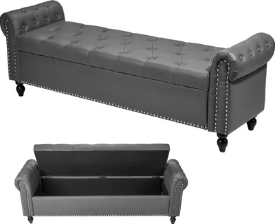 Produktbild von SucceBuy Sitzbank Ottomane (460 x 1660 x 560 mm) aus Kunstleder mit Holzbeinen, Stauraum, Knopfheftung und geschwungenen Armlehnen, Schuhbank mit 300 kg Belastbarkeit, Bettbank Schlafzimmerbank Grau
