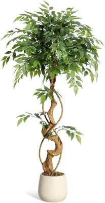 Produktbild von Künstlicher Ficus Baum 120 cm Große Grüne Birkenfeige im Weißen Topf Kunstpflanzen für Indoor Haus Büro Garten Moderne Dekoration Housewarming Geschenk