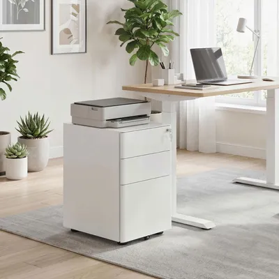 Produktbild von Rollcontainer 3 Schubladen abschließbar, Bürocontainer Stahl, mobiler Aktenschrank, Weiß | 39 x 48 x 59 cm | 4 Rollen | 19,5 kg