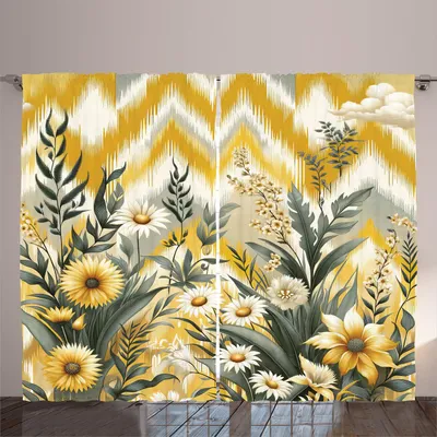 Zdjęcie produktu dla ARANDE Kwiatowa zasłona z eukaliptusem, Retro Botanical Cherished Spring na żółtym tle w jodełkę ikat, 280 x 225 cm, kolor musztardowo-laurowy