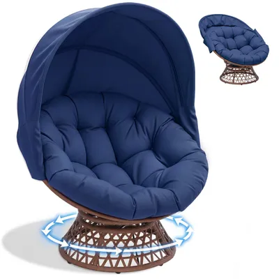 Obrázok produktu pre COMHOMA Otecovo kreslo, útulné otočné kreslo s okrúhlymi vankúšmi, pohodlné ratanové kreslo, otočné lounge kreslo, okrúhle relaxačné ratanové kreslo, MODRÉ