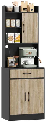 Productafbeelding van Keukenkast met werkblad en kabeldoorvoer, moderne keukenkast met lade, 3 open planken, naturel hout, zwart
