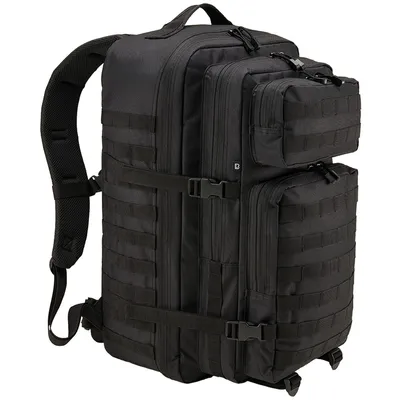 A black backpack is shown against a white background.