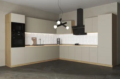 Produktbild von Winkelküche – L-Küche - Küchenzeile – Eckküche 330 x 340 cm VELORA – KU-S42 – Beige – Ohne Arbeitsplatte & Elektrogeräte