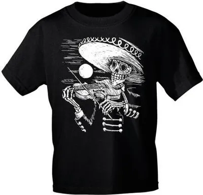 Produktbild von T-Shirt mit Print Skelett mit Geige Sombrero Skull 12998 schwarz Gr. S-3XL Größe - M