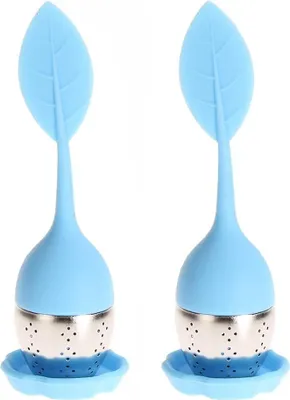 Produktbild von 2er-Pack Mesh Teefilter mit Tropfschale - Feiner Mesh Teeball mit Silikongriff - Blaues Blatt-Design