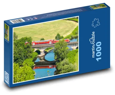 Zdjęcie produktu dla Puzzle 1000 Czerwony pociąg na kamiennym moście - martinpuzzle