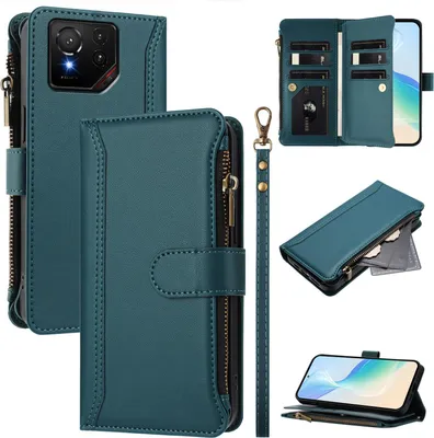 Obrázek produktu pro Pouzdro pro Asus ROG Phone 9, zipem, peněženkovéPolyuretankožené flip pouzdro s kapsami na karty, stojánkem a poutkem na ruku zelený