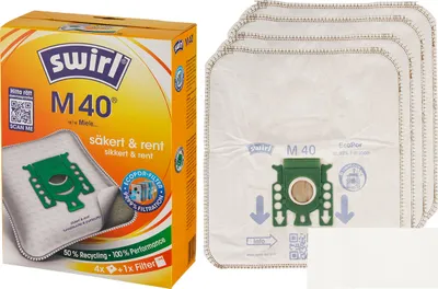 A box of Swirl M40 vacuum cleaner bags and several individual bags are shown.