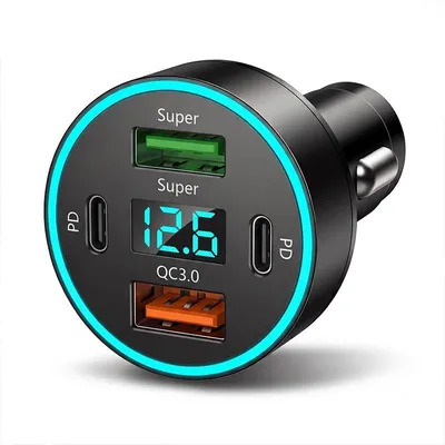 Produktbild von Zigarettenanzünder KFZ USB Ladegerät mit 2 USB-A 2 USB-C Anschlüssen und LED Voltmeter Spannungsanzeige Adapter für Handy Smartphone Tablet Auto Zubehör