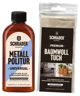 Produktbild von SCHRADER Metall Politur + Baumwolltuch - zum Polieren von unlackierten und glänzenden Metallen - 250ml