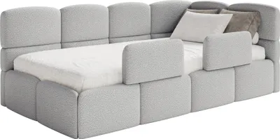 Produktbild von Selsey Cloudy – Kinderbett 120x200, Kopfteil rechts, Matratze & Bettkasten, Bouclé Hellgrau