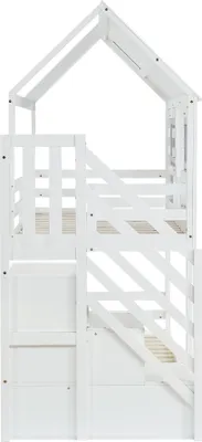 Produktbild von Merax Etagenbett 90x200cm mit Aufbewahrungstreppe, Jugendbett Hausdbett mit Fallschutzgitter, Kinderbett Hochbett mit Fenster und Dach