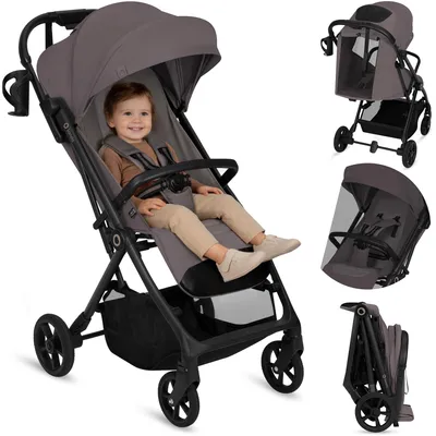 Image de Poussette Lionelo Tansi avec roues GravelTech, pliage automatique, capote XXL UPF50+, légère et compacte, accessoires - Beige Taupe