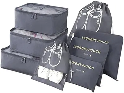 Produktbild von PolkaHome® Packing Cubes, 8-teilige multifunktionale Kofferorganizer, Reisezubehör für Koffer oder Reisetasche, inklusive Schuhbeutel, grau