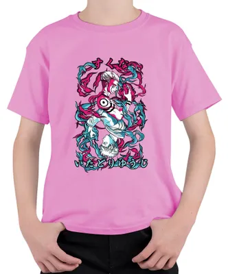 Imagen del producto de Camiseta uni para niños, diseño de Jujutsu Kaisen, con la imagen de Itadori Yuji y Sukuna, estilo anime, estética oscura, con llamas, color rosa, talla 104