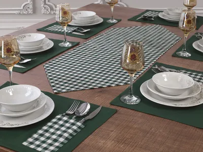 Produktbild von 1x Tischläufer 6 Platz-Matten Set Tischset Platzset Platzdecken in GRÜN Kariert