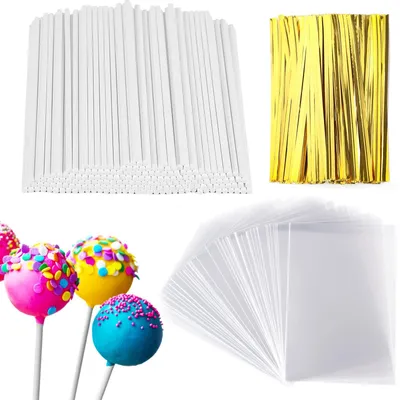 Productafbeelding van Cakepopstokjes - Lollystokjes - 100 stuks - Set met zakjes en bindbandjes