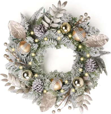 Productafbeelding van 40 cm kerstkrans - Deurkrans - Kerstmis - Voordeur - Wit goud - Adventskrans met 20 leds - Timer en dennenappels