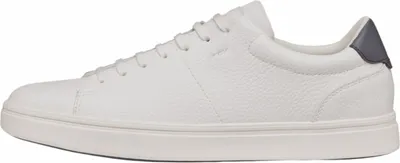 A side view of a white sneaker with a gray heel accent.