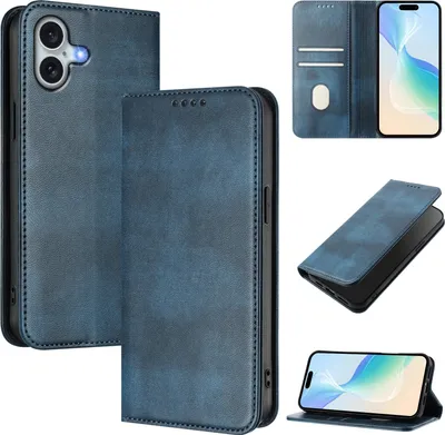 Produktbild von Handyhülle für iPhone 16 Plus, Vintage Leder RFID Schutz Kartenfach Standfunktion Magnetische Klapphülle Blau