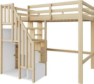 Image de Lit mezzanine en bois massif 90 x 200 cm avec bureau, étagère sous l'escalier et armoire - Lit pour adolescent ou enfant peu encombrant, blanc