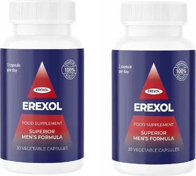 Two bottles of Erexol food supplement for men.