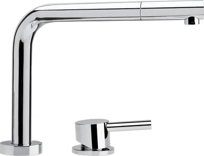 A close-up studio shot of a modern chrome kitchen faucet and a separate soap dispenser.