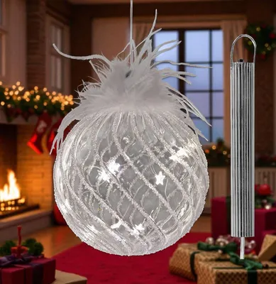 Produktbild von Weihnachtskugel LED Timer Glaskugel 12cm zum Hängen Hängedeko Glas weißen Federn