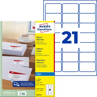 Zdjęcie produktu dla AVERY Zweckform J8160-25 Etykiety adresowe (525 etykiet, 63,5x38,1 mm na A4, do zadruku, samoprzylepne, na koperty DIN B6/C6, papier matowy, drukarka atramentowa) 25 arkuszy, białe