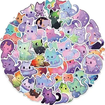 Produktbild von Famanu Sticker Set 100 Stück - Wasserfestes Vinyl mit Cartoon Regenbogen Katzen