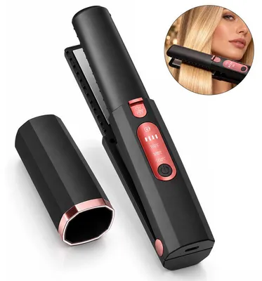 Produktbild von Mini Glätteisen kabellos 2 in 1 Haarstyler zum Glätten und Locken mit Akku Keramikbeschichtung 3 Temperaturstufen Schwarz