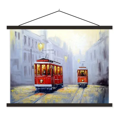 Produktbild von MuchoWow® Textilposter Gemälde - Straßenbahn - Stadt - Öl 150x113 cm mit schwarzem Rahmen - Wohnzimmer