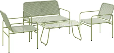 Image de Outsunny Salon de jardin extérieur en résine tressée 4 places avec canapé 2 places, 2 fauteuils, table en verre trempé, cadre en acier, mobilier de jardin pour balcon terrasse, vert