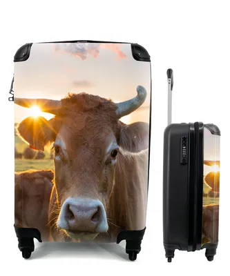 Produktbild von MuchoWow® Koffer Handgepäck Trolley Rollkoffer Kleine Reisekoffer mit 4 Rollen - Kühe - Sonne - Wiese - Landleben - Cabin Size < 55x40x23 cm & 55x40x20 cm - Fotokoffer - Kabinenkoffer - Boardgepäck - Reise-Box - Reisekoffer - Reisegepäck - Koffer mit Bild - Trolley für Kinder