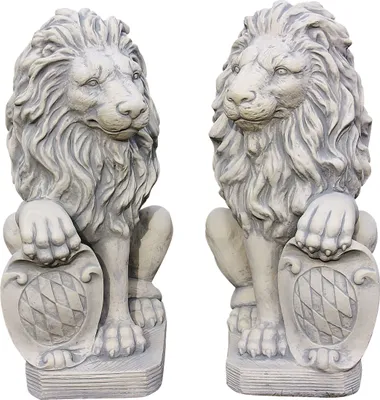 Produktbild von Schöne Löwen mit Schild als Set aus Steinguss perfekt für den Garten die Terrasse oder den Vorgarten ist Frostfest Witterungsbeständig und Neu 54cm H, PO-637uPO-638