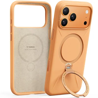 Obrázek produktu pro TORRAS Ostand Silikonové pouzdro pro iPhone 17 Pro Max, 360° hliníkový stojánek, MagSafe N52, ochrana proti pádu z výšky 8 stop, tenké, Energy Orange