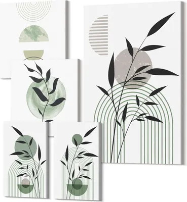 Produktbild von Leinwandbild Set 5-teilig – Modernes Wandbild – Polycanvas Kunstdruck – Abstrakte Bilder – Hochwertige Wandkunst – 2x 30x30 cm + 2x 20x30 cm + 1x 40x60 cm – Stilvolle Grafiken mit Pflanzenmotiven und geometrischen Formen