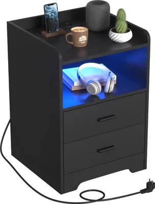 Zdjęcie produktu dla Stolik nocny Bettizia z oświetleniem LED, szafka nocna ze stacją ładującą czarny (1-częściowy), 2 szuflady do sypialni, salonu czarny