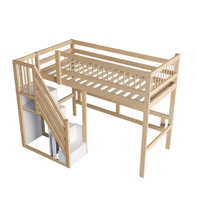 Produktbild von Merax Etagenbett 90x200cm mit Treppe und Stauraum, Hochbett mit Rausfallschutz und Lattenrost,Einzelbett Kinderbett Holzbett Jugendbett Stockbett