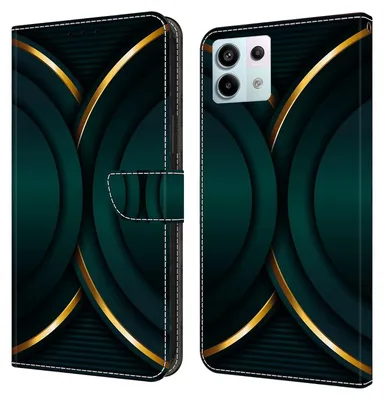 A product image showing a phone case with a dark green and gold abstract design. The case is shown in both its closed and open wallet form.