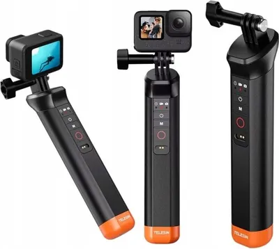 Collage of three images showing a black and orange action camera grip with a GoPro camera attached.