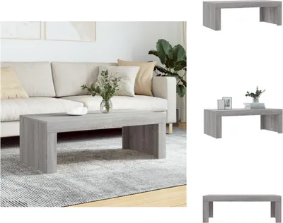 A collage of images showing a grey coffee table in a living room setting and isolated views of the table.