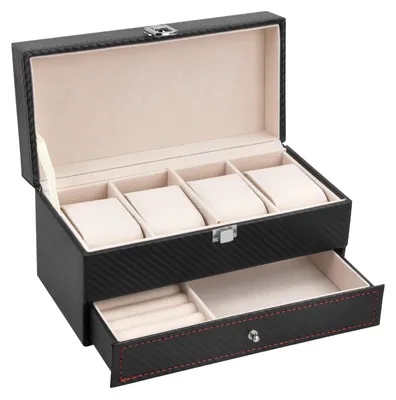 Produktbild von Uhrenbox mit 4 Uhrenfächern, Uhrenetui, Uhrenaufbewahrungsbox, Schmuckkästchen, schwarzes Schmuckkästchen für Damen und Herren, Uhrenorganizer, Uhrenetui, Uhrenbox