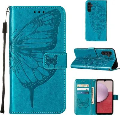 Produktbild von Lederhülle für Samsung Galaxy A25 5G Schmetterling Prägung Flip Ledertasche Kartenfächer Handyhülle mit Ständer Blau