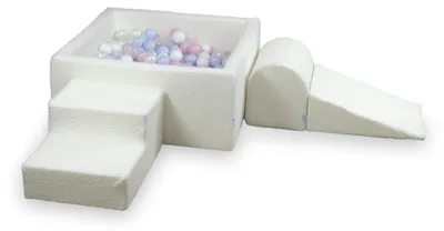 Obrázek produktu pro Pěnové hřiště s bazénem 90x90x40 Boucle White 400 kuliček: transparentní, bílá, perleťová, světle růžová perleťová, světle modrá perleťová